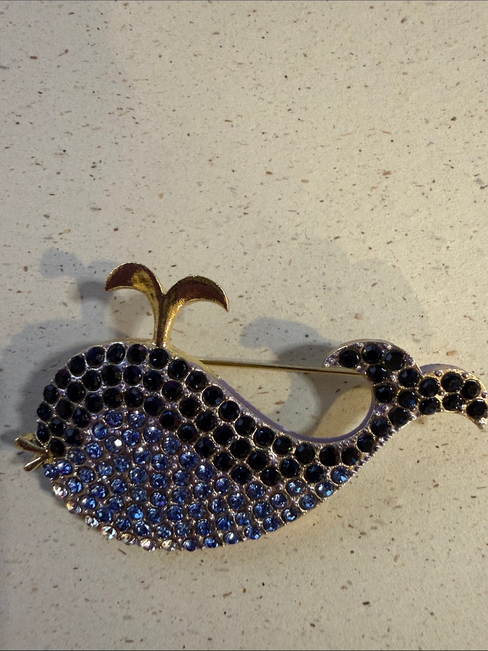 Gold-Tone Crystal Whale Brooch - Sparkling Black and Clear Stones